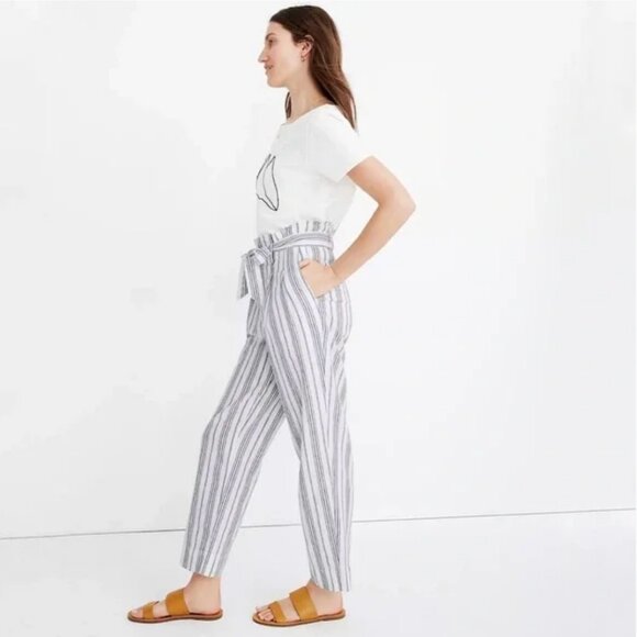 Madewell Women's Linen-Cotton Blend Paperbag Pants in Dark Baltic Stripe Size 12 - Picture 2 of 6